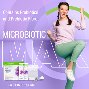 
                  
                    Load image into Gallery viewer, Energised and Happy lady with plaits in pale pink sweatshirt and pale green trousers Herbalife Nutrition Microbiotic Max box and sachets
                  
                
