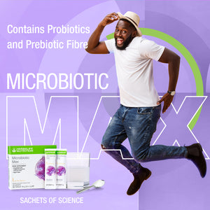 
                  
                    Load image into Gallery viewer, Energised and happy man in jeans and white T Shirt with a hat next to Herbalife Nutrition Microbiotic Max box and sachets
                  
                